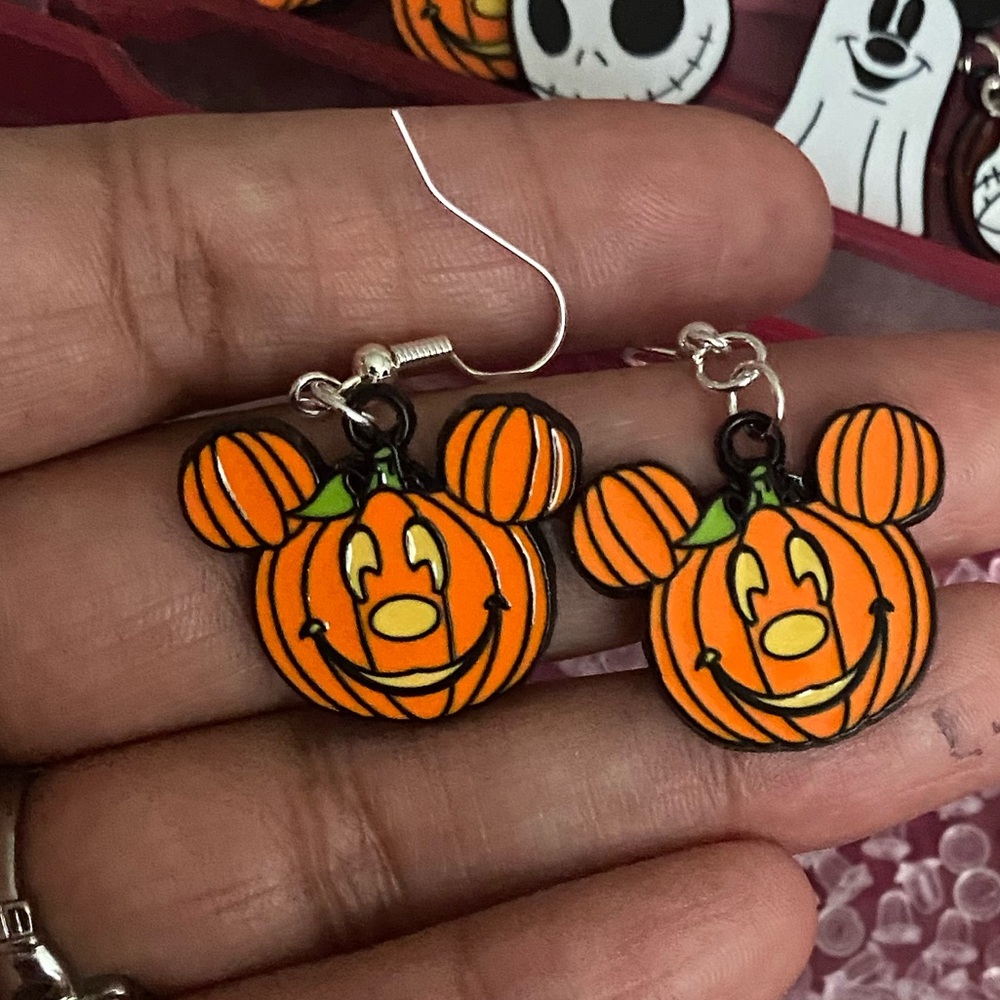Handmade Mickey Mouse Jack-o-lantern earrings. sterling silver hook. - Picture 2 of 4